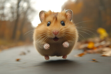 cute hamster is joyfully jumping on path surrounded by autumn leaves