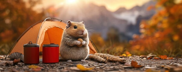 A cute hamster sits beside a tent and two red cups, surrounded by colorful autumn leaves and a serene mountain backdrop.