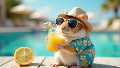 A cute hamster wearing sunglasses, panama hat and Hawaiian shirt is sitting at poolside with a glass of cocktail, beach seaside summer vacation, holiday concept, created with generative ai