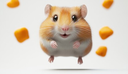 Fluffy Hamster Levitating with Orange Treats Against White Background