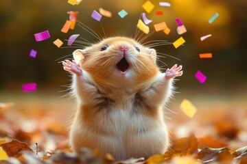 joyful small hamster raising paws surrounded by colorful confetti with autumn leaves background