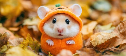 The adorable hamster in a cute pumpkin costume among autumn leaves
