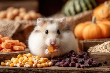 Adorable hamster sitting amidst an autumn harvest display of pumpkins corn berries and grains with cozy rustic background