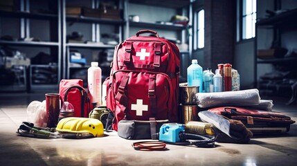 防災グッズのバッグ、倉庫に並べられた防災セット