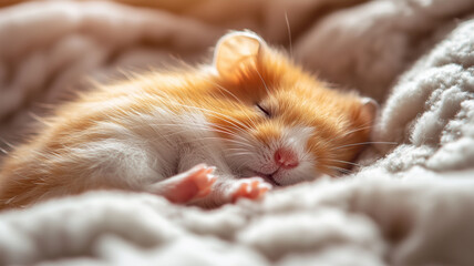 綿毛の寝床で眠るハムスター