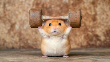 Brutal hamster, A hamster with an intense expression lifts a dumbbell in this high-fidelity image, perfect for fitness and animal-themed projects.
