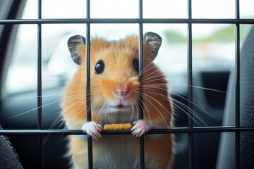 A hamster travels in a secure cage on the backseat of a car, It nibbles on a treat while watching the world go by, Generative AI