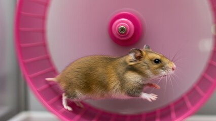 Hamster runs in pink wheel, Indoor close-up depicts golden hamster exercising, showing animal activity and pet care, Bright, studio lighting creates joyful mood,