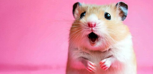 A surprised hamster portrait against a pink backdrop.