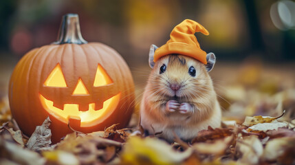 Cute hamster wearing orange Halloween hat beside glowing jack o lantern sitting on autumn leaves outdoors. Concept of Halloween, celebration, animal humor, and festive cuteness.