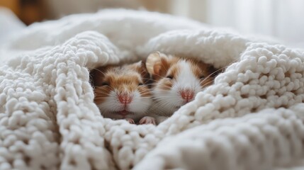 Two adorable hamsters snuggled under a cozy white blanket.
