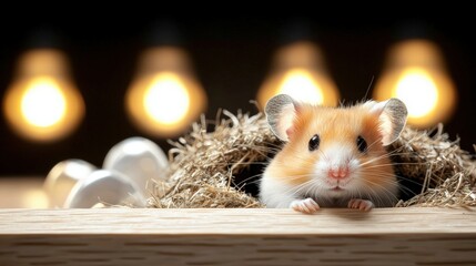 Adorable hamster peeking out from with warm glowing light bulbs in the background, rustic wooden surface, and cozy pet habitat setup for small animals
