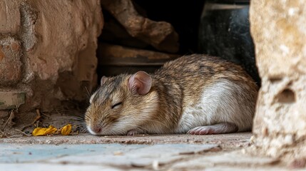 An elderly gerbil resting in a quiet corner, with a calm and relaxed posture, showing signs of age.