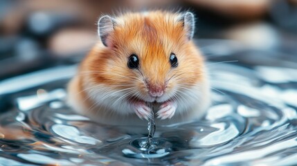 Cute Hamster Playing in Water with Soft Reflection and Ripples