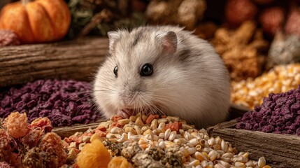 A cute hamster surrounded by assorted treats and pumpkins, creating a warm and inviting autumn scene. The hamster's fur is soft, and its eyes are bright, adding to the image's appeal