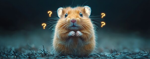Curious hamster surrounded by glowing question marks