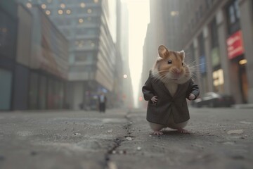 A hamster dressed in a suit walks down a city street, surrounded by tall buildings