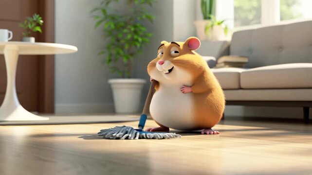 cute cartoon hamster mops the floor in a modern apartment