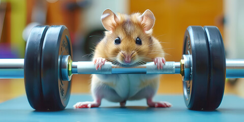 The concept of sports. a mouse with a barbell.