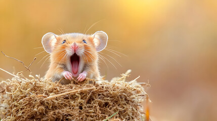 Cute yawning hamster sitting on mossy nest with warm blurred background for animal-themed content, kids books or cozy lifestyle visuals. Selective focus