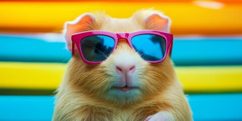 Hamster wearing colorful glasses and enjoying a swim at a summer pool.