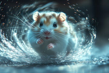 Ham hamster swimming through water tunnel.