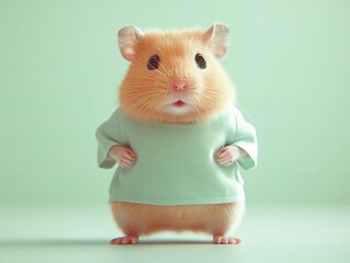 Close-up of a hamster in a tiny t-shirt, placed on a soft light green background