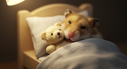 優しい光の中 ハムスターとぬいぐるみ 快適な眠り. AI Generated
