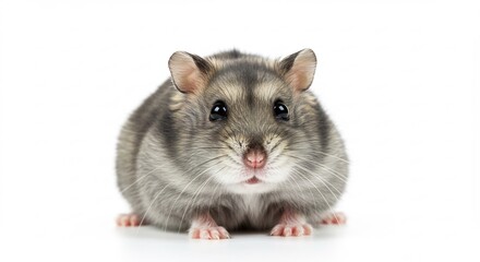 Cute gray hamster poses playfully against bright white background. AI Generated