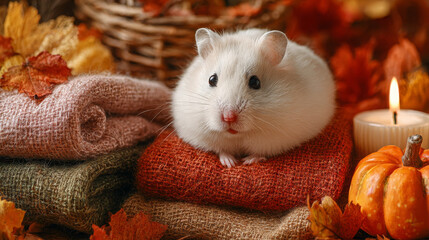 White Hamster on Cozy Autumn Blankets with Candle and Pumpkin