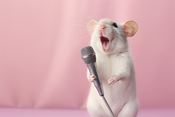 Cute white mouse singing with microphone