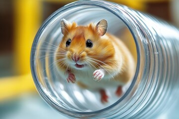 close-up of a small brown hamster with black eyes inside a shiny metallic coil tunnel looking curiously forward