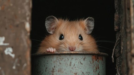 Close-up of a hamster peeking out from behind a rusted metal bucket. the hamster is looking directly at the camera with its ears perked up and its eyes wide open.