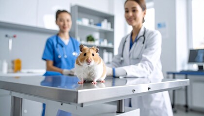 動物病院の診察台の上にいるハムスター(Hamster on an examination table at a veterinary clinic.)