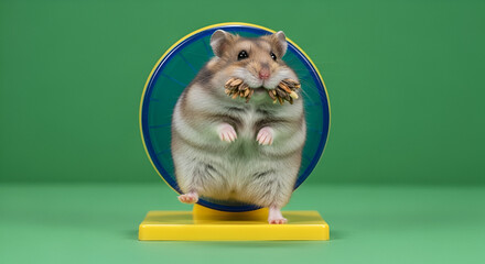 Adorable hamster portrait, happily hoarding sunflower seeds in its cheek pouches, green background