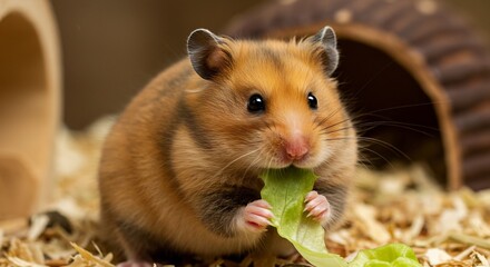 可愛いハムスターが美味しそうにレタスを食べる瞬間 温かい光が優しく包む