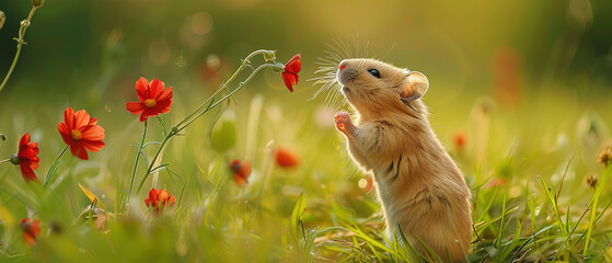 A small field hamster stands on its hind legs and stretches its head upwards to smell a flower of a low hanging branch. Front legs close to the body. field hamster is standing in a meadow in dense tal
